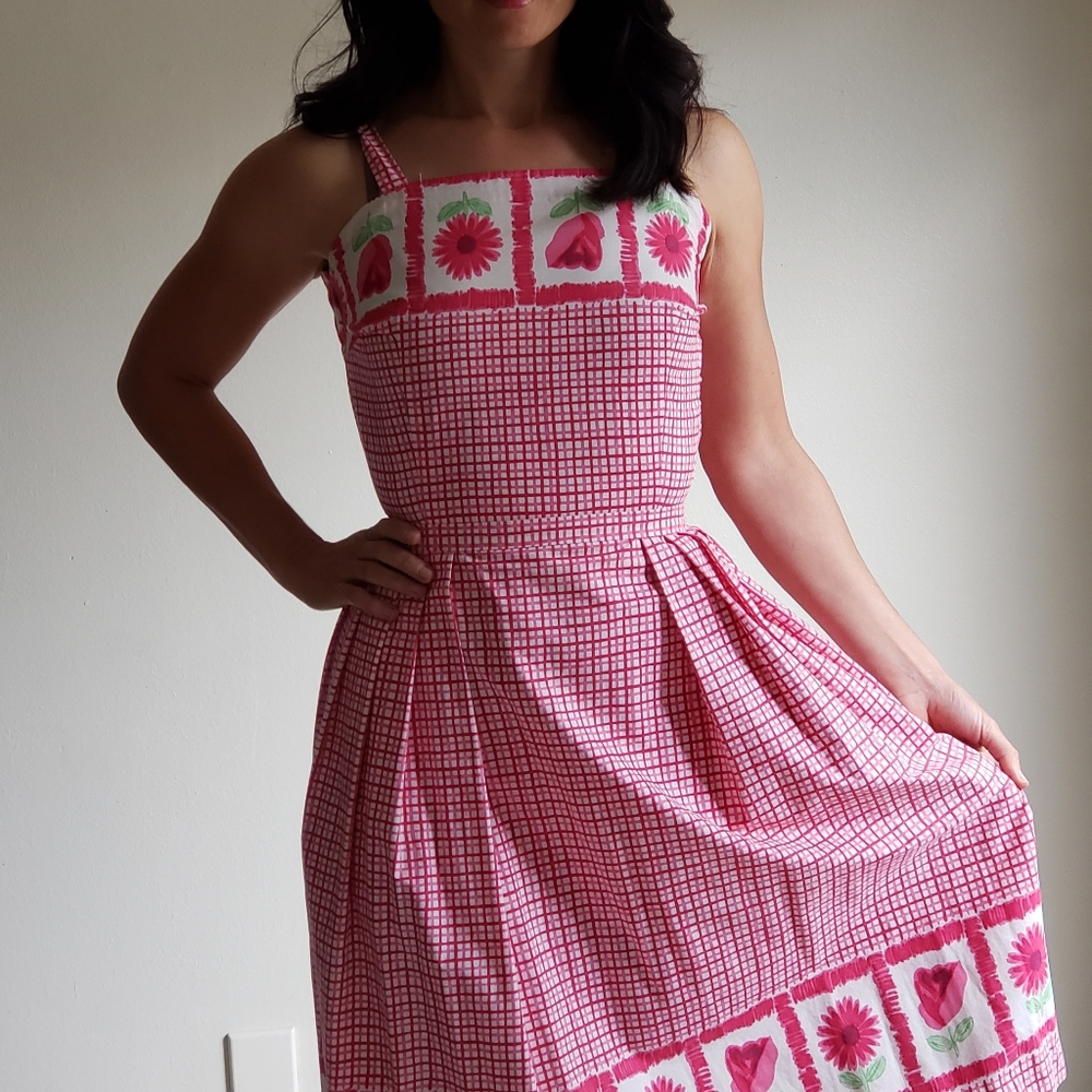 1950s Vintage Spring Pink Fit and Flare Dress Floral Border Frock - Picture 3 of 8